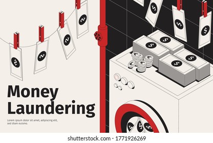 Money laundering concept with isometric washing machine and drying banknotes vector illustration