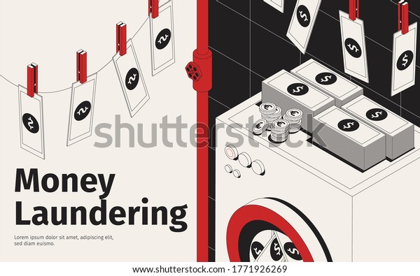 Money laundering concept\
with isometric washing machine and drying banknotes vector\
illustration