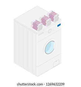 Money laundering concept.  Stack of money euro on washing machine. Vector illustration