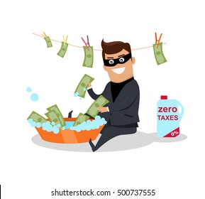 Money laundering concept vector. Flat design. Financial crime, tax evasion, money laundering, political corruption illustration. Man in a business suit, in mask washes the money in bowl with water.