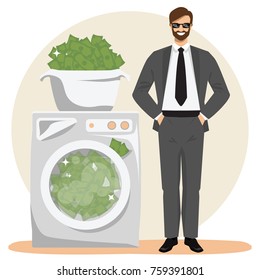 Money laundering concept vector illustration. Happy businessman with hands in pockets standing next to washer full of dirty illegal money. Bribery, corruption theme.