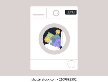 Money laundering concept, a washing machine with banknotes and coins inside