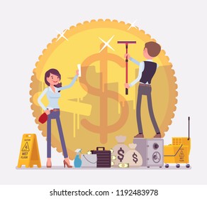 Money laundering crime. Man and woman with cleaning tools washing giant coin, processing stolen money through a legitimate. Economics, business finance concept. Vector flat style cartoon illustration