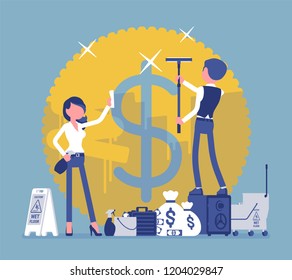 Money laundering crime. Man, woman with cleaning tools washing giant coin, processing stolen money through a legitimate. Economics, business finance concept. Vector illustration, faceless characters