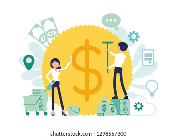 Money laundering criminal business activity. Man and woman concealing the origins of profit, washing giant coin with cleaning equipment to make it legitimate. Vector illustration, faceless characters