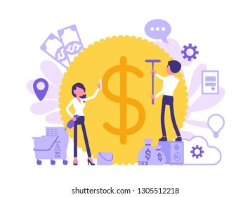 Money laundering criminal business activity. Man and woman concealing the origins of profit, washing giant coin with cleaning equipment to make it legitimate. Vector illustration, faceless characters