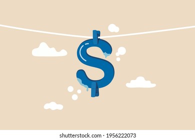 Money laundering and financial crime, cleaning dirty money process, tax cheating or illegal profit concept, US dollar sign hanging dry after laundry or wash metaphor of money laundering.