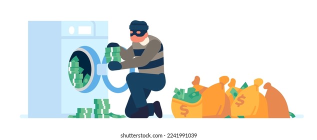 Money laundering. Financial crime. Illegal business. Robber washing stolen cash in washer machine. Bags with banknotes. Criminal wealth. Finance fraud and corruption