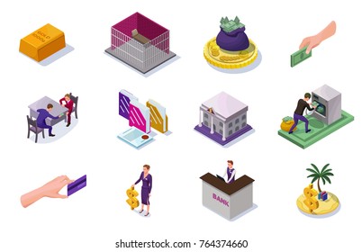 Money laundering and fraud isolated icons for infographics with criminal washing money, corruption concept, offshore, bank building, office people, coin, banknote, isometric vector illustration