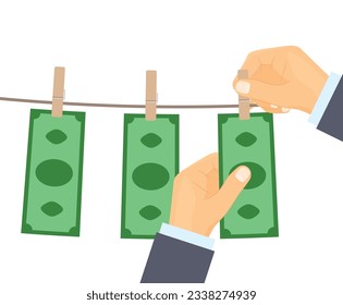 money laundering, hands hanging the banknotes on a clothesline- vector illustration