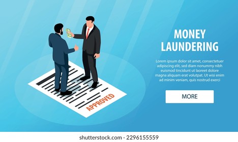 Money laundering horizontal banner with businessman giving bribe to official for approved document isometric vector illustration