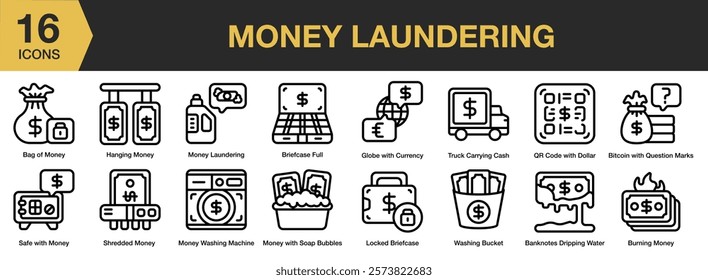 Money Laundering icon set. Includes Corruption, Criminal, Fraud, Laundering, Money, and More. Outline icons vector collection.