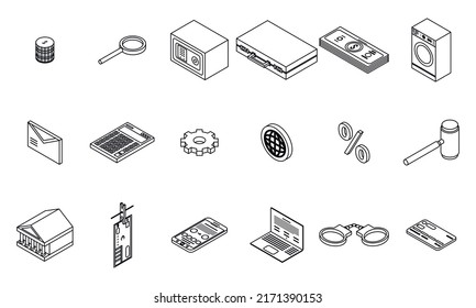 Money laundering icons set. Isometric set of money laundering vector icons outline isolated on white background