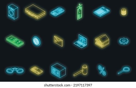 Money laundering icons set. Isometric set of money laundering vector icons neon color on black