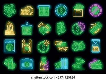 Money laundering icons set. Outline set of money laundering vector icons neon color on black