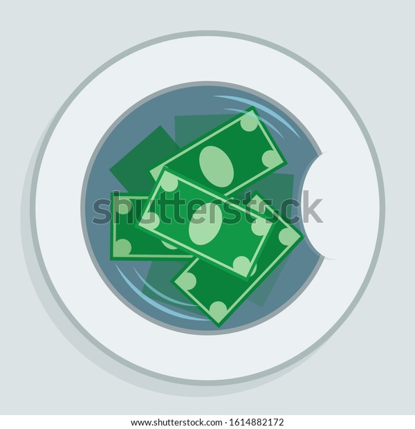 Money laundering. Laundering of illegally\
earned money. Corruption and bribes, financial crime. Tax evasion.\
Banknotes in washing machine. Business vector illustration, flat\
cartoon style, isolated.
