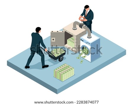 Money laundering isolated object at white background with two accomplices washing heap of banknotes in machine isometric vector illustration