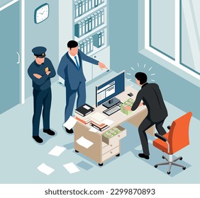 Money laundering isometric background with official trapped red handed on bribe vector illustration