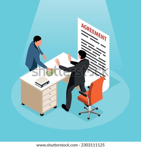 Money laundering isometric background with official male character refusing bribe offered by businessman vector illustration