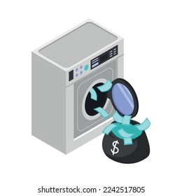 Money laundering isometric icon with banknotes in washing machine 3d vector illustration