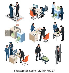 Money laundering isometric set of people involved in political corruption financial crimes bribery and tax offense isolated vector illustration