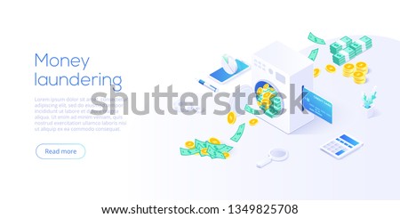 Money laundering isometric vector illustration. Corruption and illegal business concept background with machine washing paper currency and coins. Web banner layout template.