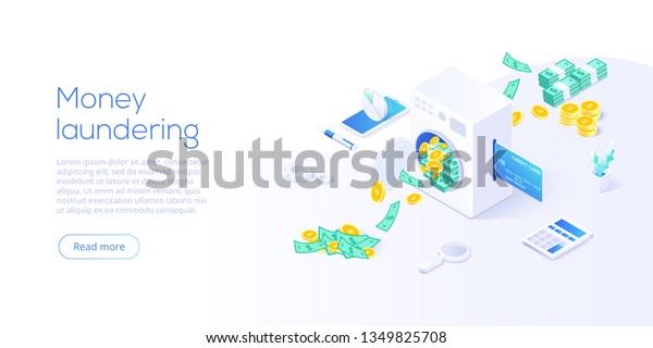 Money laundering\
isometric vector illustration. Corruption and illegal business\
concept background with machine washing paper currency and coins.\
Web banner layout\
template.