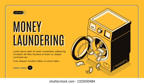 Money laundering isometric vector web banner, landing page. Dirty cash received by illegal way or criminal activity cleaning in washing machine illustration. Financial machination, tax evasion concept