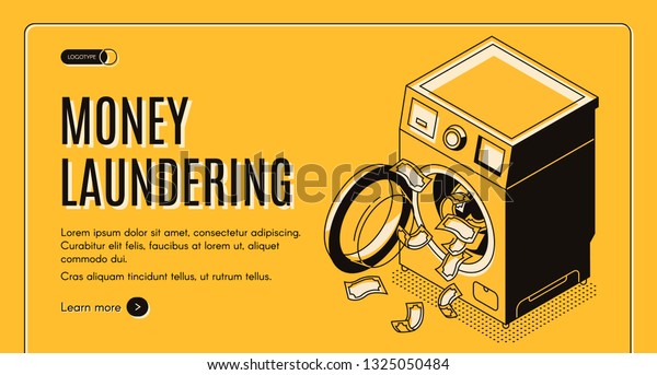 Money laundering isometric vector web banner,\
landing page. Dirty cash received by illegal way or criminal\
activity cleaning in washing machine illustration. Financial\
machination, tax evasion\
concept