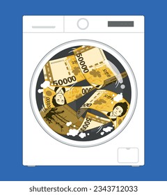 Money laundering, Korean money in the washing machine.