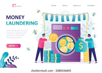 Money laundering, landing page template. Сriminal takes profits after leaving shadow economy. Business people or politicians hide true source of income. Financial crime concept. Vector illustration