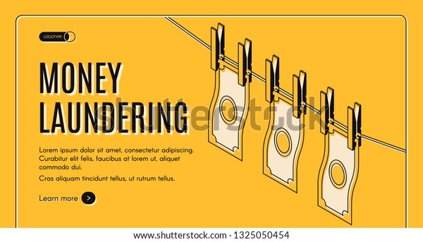Money laundering machinations isometric\
vector web banner or landing page template. Washed and clean\
banknotes drying on rope illustration. Tax evasion, profit\
concealing, illegal income\
legitimation