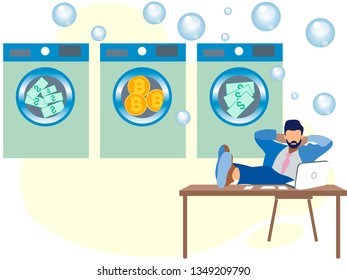 Money laundering. A man in dry cleaning erases dolar and bitcoins. In minimalist style Cartoon flat Vector Illustration