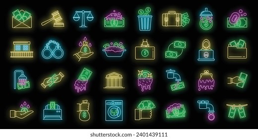 Money laundering offshore icons set. Outline set of money laundering offshore vector icons neon color on black