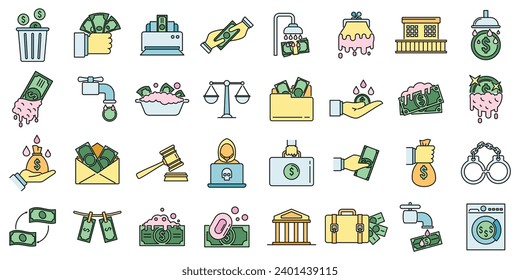 Money laundering offshore icons set. Outline set of money laundering offshore vector icons thin line color flat on white