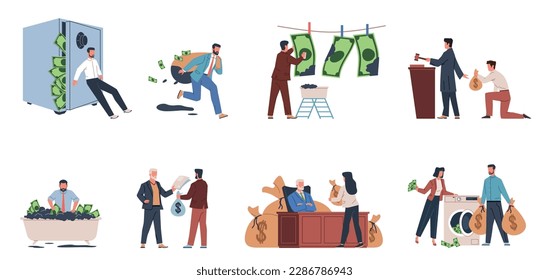 Money laundering. People breaking the law, fraud and financial machinations, income concealment, corruption and theft, washing dirty currency. Financial crime nowaday vector cartoon flat set