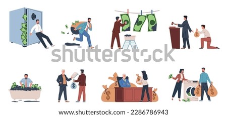 Money laundering. People breaking the law, fraud and financial machinations, income concealment, corruption and theft, washing dirty currency. Financial crime nowaday vector cartoon flat set
