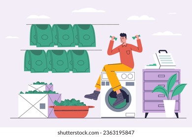 Money laundering process. Happy man sits on washer machine with banknotes in hands. Dollars dried on clothes lines. Financial crime. Currency washing. Corruption or fraud