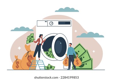 Money laundering. Scammers people illegal activities, tiny persons and huge washing machine with banknotes inside, hiding true income, dirty currency. Financial crime nowaday vector concept