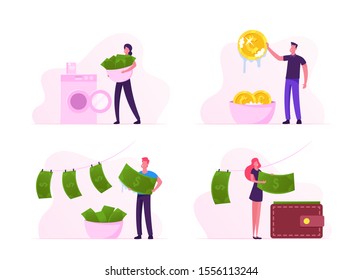 Money Laundering Set. Unfair Business People Washing Banknotes in Machine, Cleaning Coins in Basin, Dry after Wash Hang on Clothespins. Crime, Financial Fraud Concept. Cartoon Flat Vector Illustration