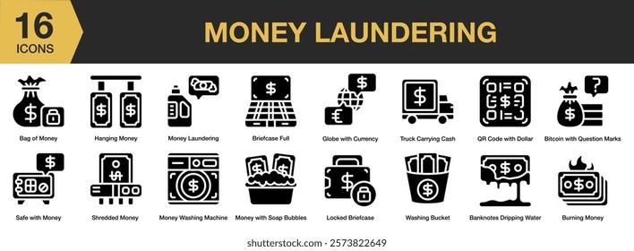 Money Laundering solid icon set. Includes Corruption, Criminal, Fraud, Laundering, Money, and More. Solid icons vector collection.