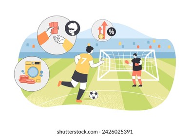 Money laundering through sport events concept. Sportsmen playing football, criminal money cleaning in washing machine, football club manager taking bribe. Vector illustration