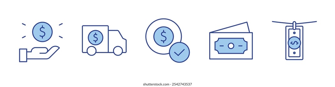 lavagem de dinheiro, transporte de dinheiro, dólar, dinheiro. ícone vetor ilustração. Estilo Duotônico da Linha. Traçado editável.