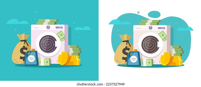 Money laundering vector or illegal criminal cash laundry clean wash machine flat cartoon illustration, dirty currency fraud finance washer cleaning legitimate service modern icon design