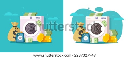 Money laundering vector or illegal criminal cash laundry clean wash machine flat cartoon illustration, dirty currency fraud finance washer cleaning legitimate service modern icon design