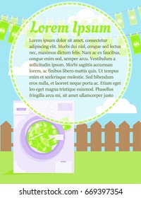 Money laundering in washing machine illustration. Vector flat