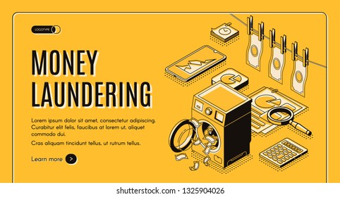 Money laundering web banner, landing page. Criminal cash cleaning in washing machine, clean and wet bills drying on rope, business infographics line art illustration. Tax evasion machinations concept