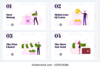 Money Laundering Website Landing Page Set. Business People Washing Banknotes in Machine, Cleaning Coins in Basin, Dry after Wash Hang on Clothespins Web Page Banner. Cartoon Flat Vector Illustration