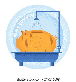 Money laundering.Dirty piggy bank stand in bath.Vintage retro style money laundering icon on blue circle background