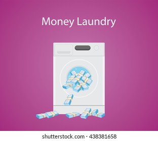 money laundry with money, cash in laundry machine vector graphic illustration